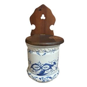 Vintage Arnat Blue Onion Salt Box Ceramic Canister stoneware Wood Mount
